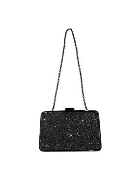 Sondra Roberts Black Glitter Rhinestone Top Lock Chain-Handle Evening Clutch